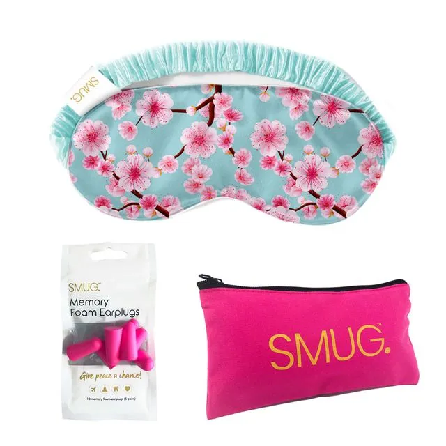 Satin Sleep Mask, Pink Earplugs & Storage Bag Sets - Cherry Blossom