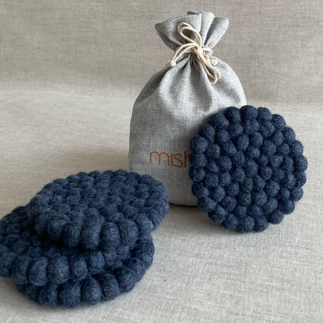 Pipa Coaster Set (Navy) - 100% handcrafted with felted wool balls
