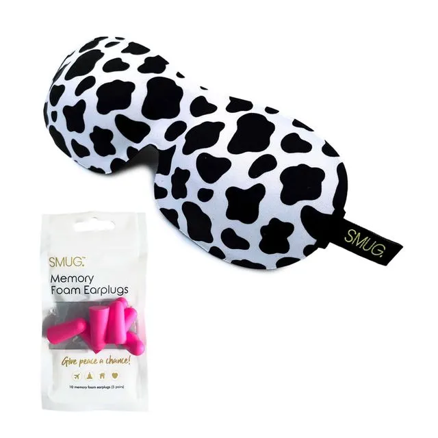 Contoured 3D Blackout Sleep Mask & Pink Earplugs - Cow Print