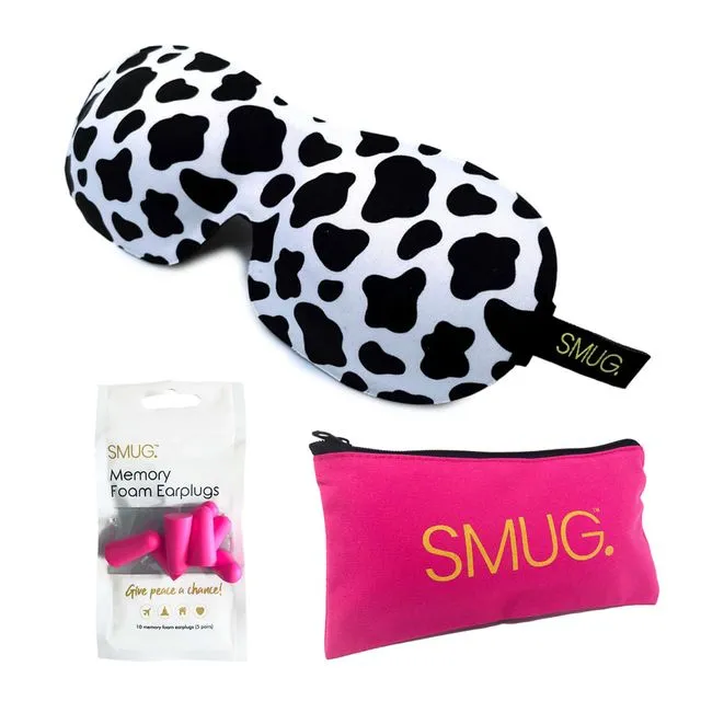 Contoured 3D Blackout Sleep Mask, Pink Earplugs & Bag - Cow Print