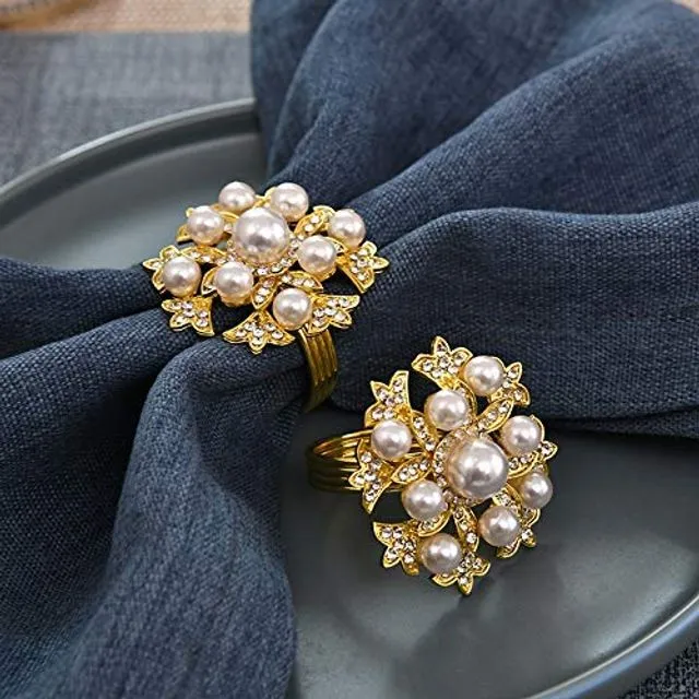 Gold Napkin Ring in Pearl Floral Design Set of 4