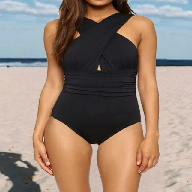 Vacation Cross Plunge Neck One-Piece Swimsuit
