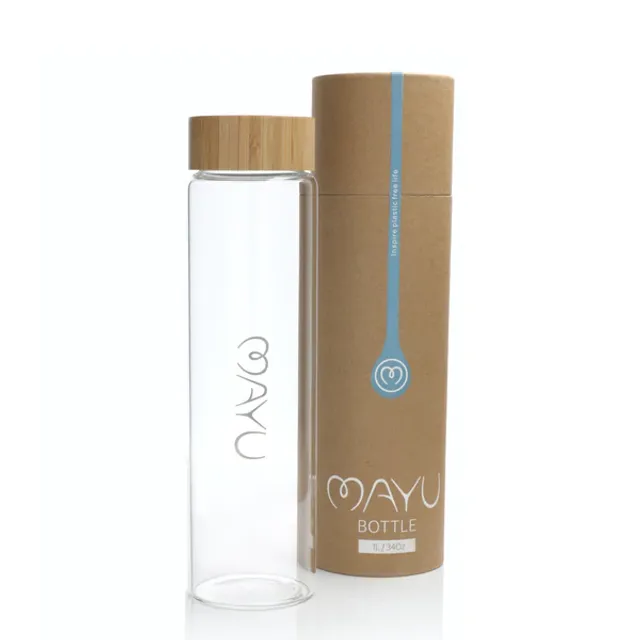 Mayu 1 L / 34 Oz. Glass Water Bottle + Stainless Steel, Bamboo Finish Cap