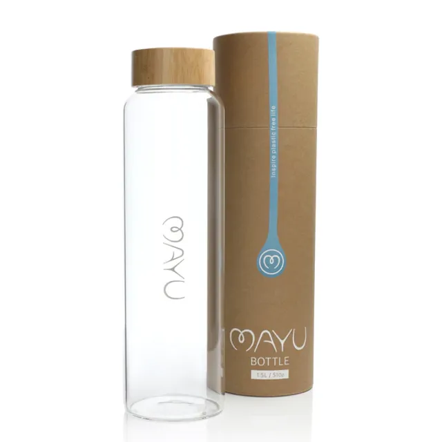 Mayu 1.5 L / 51 Oz. Magnum Glass Water Bottle + Stainless Steel, Bamboo Finish Cap