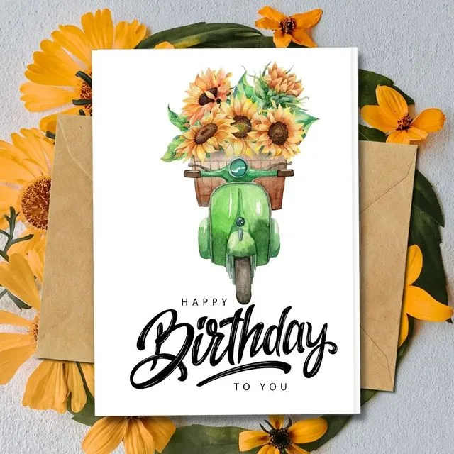 Handmade Eco Friendly | Plantable Seed or Organic Material Paper Birthday Cards Sunflowers & Scooter
