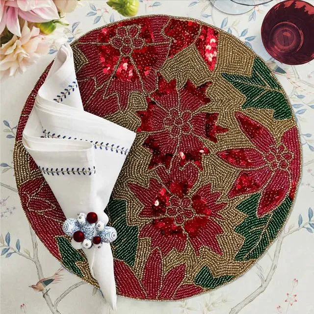 Gold Red Green Christmas Festive Beaded Placemats Set of 2