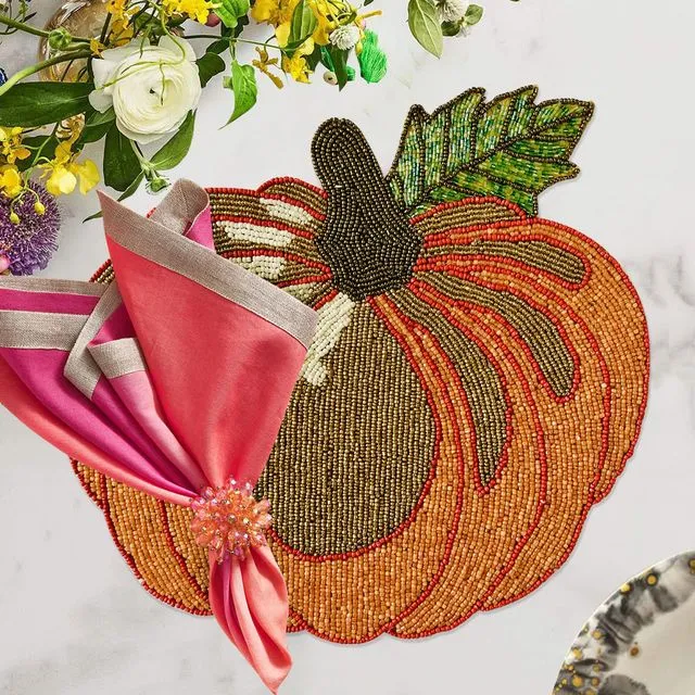 Orange Gold Pumpkin Design Beaded Placemat for Thanksgiving Harvest Autumn Fall Set of 2