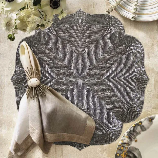 Silver Gray Beaded Placemats Scratch Heat Resistant Charger Mats Set of 2