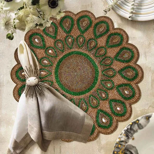 Gold Green Peacock Design Beaded Placemats Scratch Heat Resistant Charger Mats Set of 2