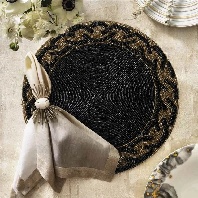 Black Gold Beaded Placemats Scratch Heat Resistant Charger Mats Set of 2