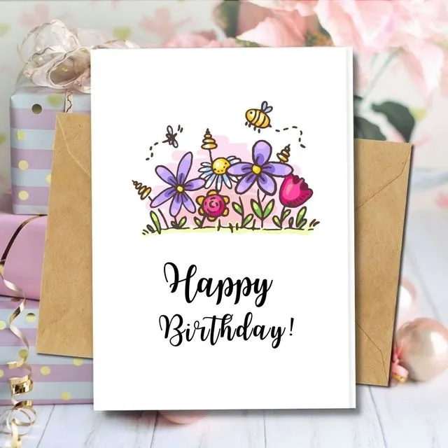 Handmade Eco Friendly | Plantable Seed or Organic Material Paper Birthday Cards Flowery Birthday