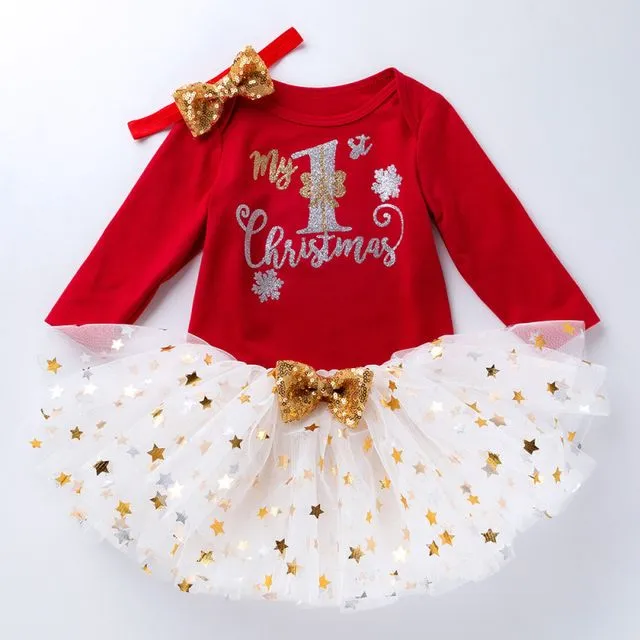 Christmas Shiny Long Sleeve Babysuit Set