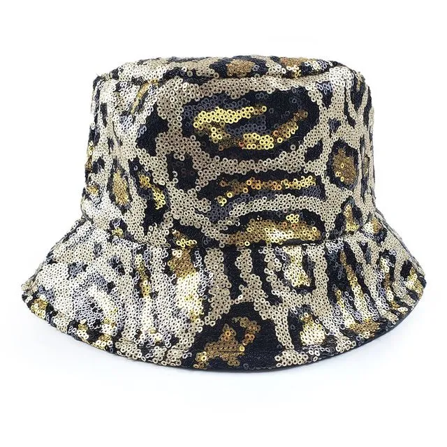 Adina Bucket Hat with Leopard Print Sequin Pattern in Gold & Black