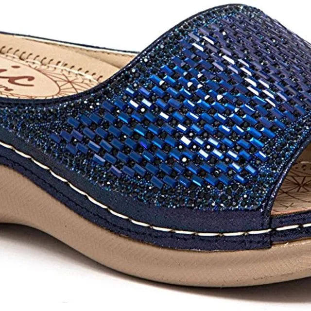 Lady Couture Glitz Slide with a Padded Foot Bed Women's Shoes Chic FINE - Navy