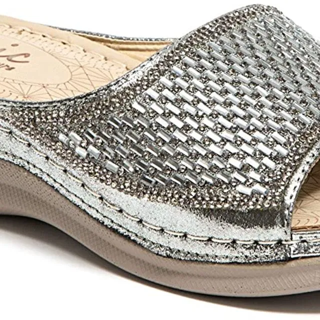 Lady Couture Glitz Slide with a Padded Foot Bed Women's Shoes Chic FINE - Pewter