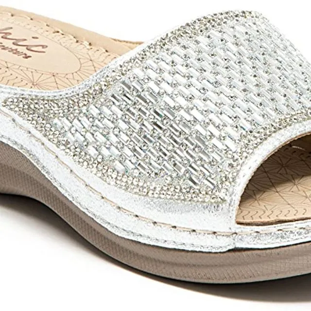 Lady Couture Glitz Slide with a Padded Foot Bed Women's Shoes Chic FINE - Silver