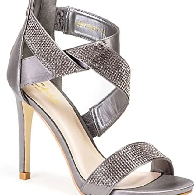 Lady Couture Women's Twisted Rhinestone Strap HIGH Heel Sandal, Britney - Pewter