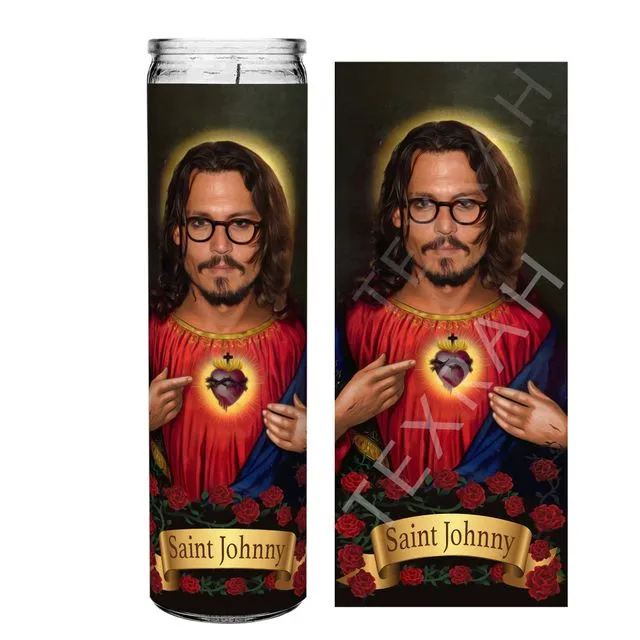 Saint Johnny Depp Celebrity Prayer Devotional Parody Candle (V2), 8" white unscented glass