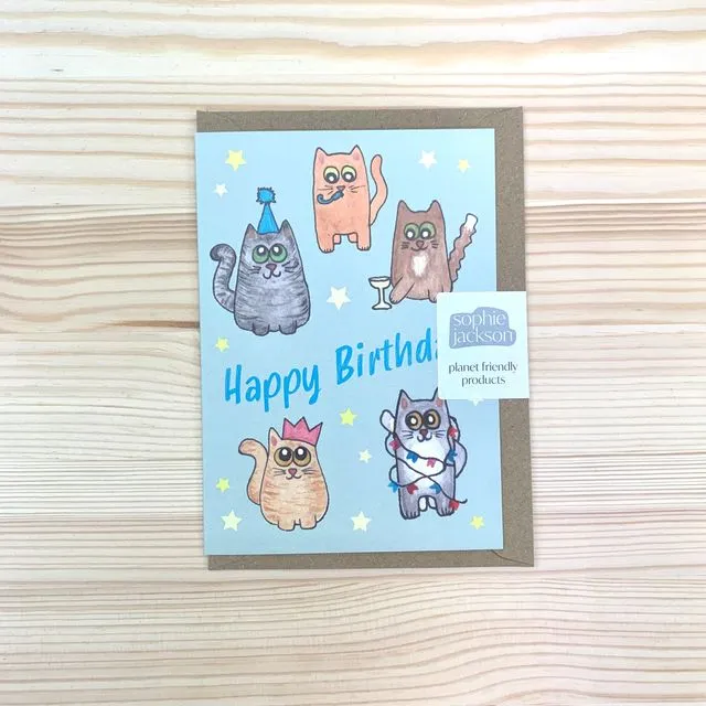 Happy Birthday Party Cats A6 planet friendly greetings card