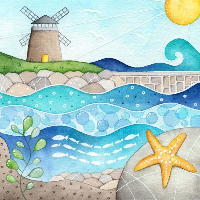 Windmill & Starfish - Seaside Limited Edition Signed Art Print - Watercolour Painting - East Neuk of Fife, Scotland