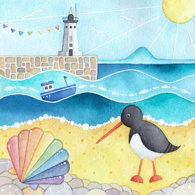 Oystercatcher & Lighthouse - Seaside Limited Edition Signed Art Print - Watercolour Painting - East Neuk of Fife, Scotland