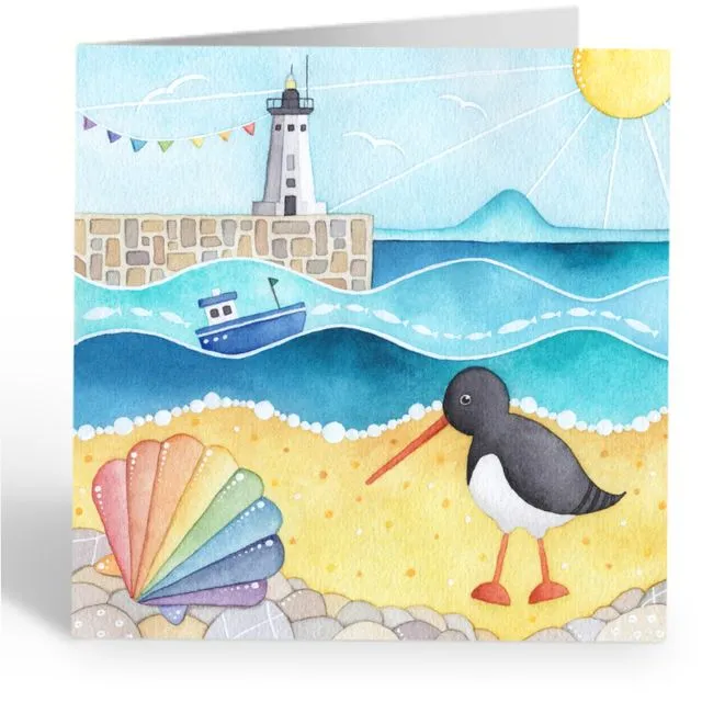 Oystercatcher & Lighthouse - Greetings Card - Scottish Seaside Watercolour Art Painting