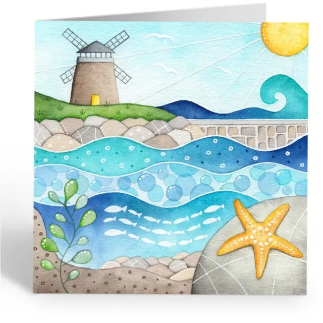 Windmill & Starfish - Greetings Card - Scottish Seaside Watercolour Art Painting