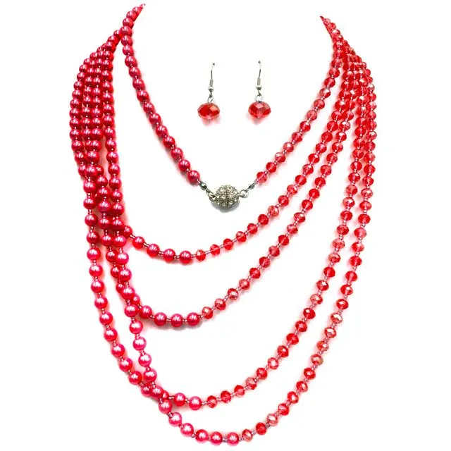 Crystal Pearl Long Opera Necklace with Earrings in Scarlet Red