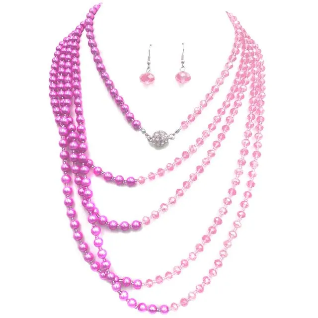 Crystal Pearl Long Opera Necklace with Earrings in Sweet Pink