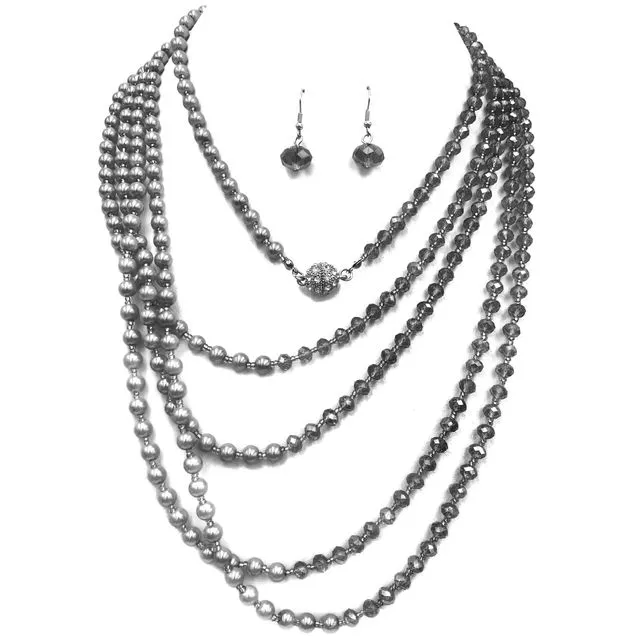 Crystal Pearl Long Opera Necklace with Earrings in Silver Gray