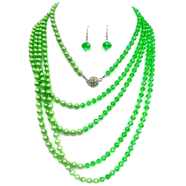 Crystal Pearl Long Opera Necklace with Earrings in Emerald Green