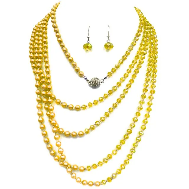 Crystal Pearl Long Opera Necklace with Earrings in Yellow Gold