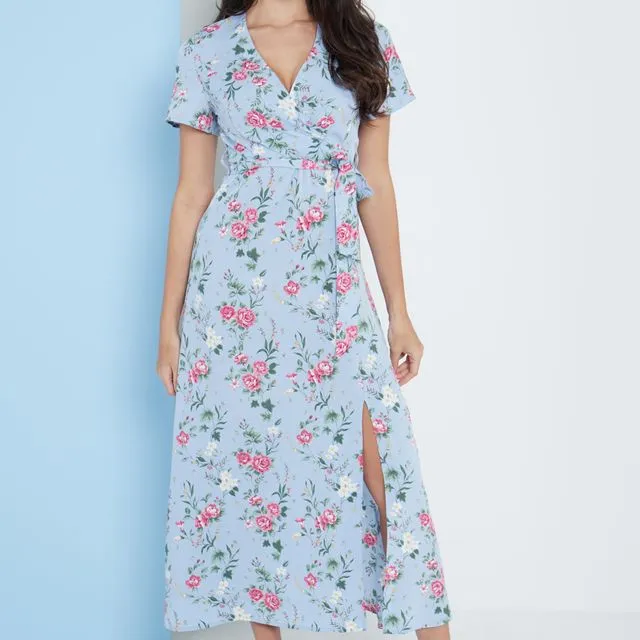 Wrap Front Maxi Dress In Blue Floral Print