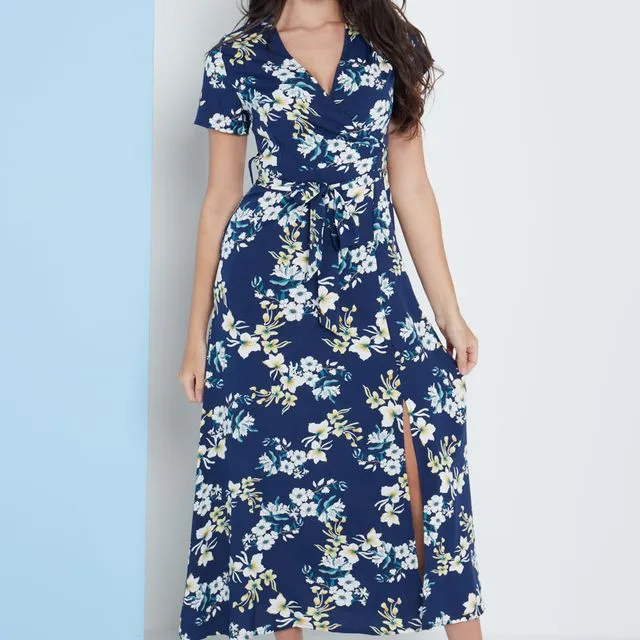 Wrap Front Maxi Dress In Navy Blue Floral Print