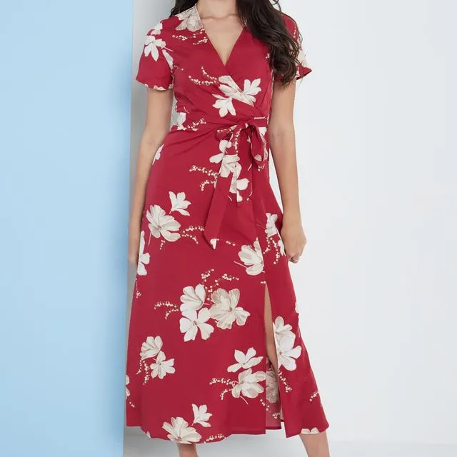 Wrap Front Maxi Dress In Red Floral Print