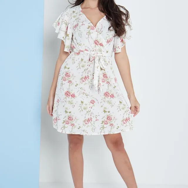 Angel Sleeves Wrap Dress In White Floral Print