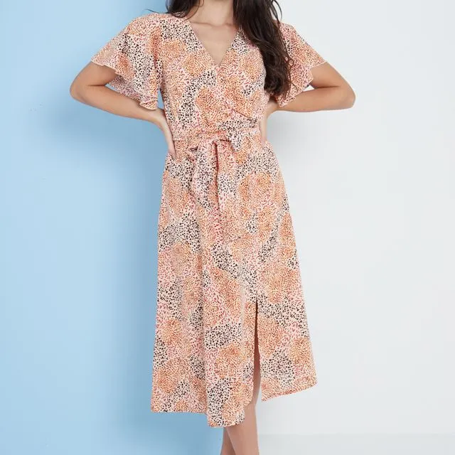 Angel Sleeves Midi Wrap Dress In Multi Spot Print