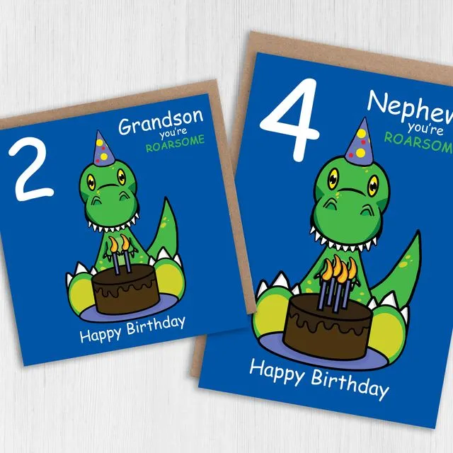 Personalised age and relation child’s dinosaur roarsome birthday card for ages 1-6