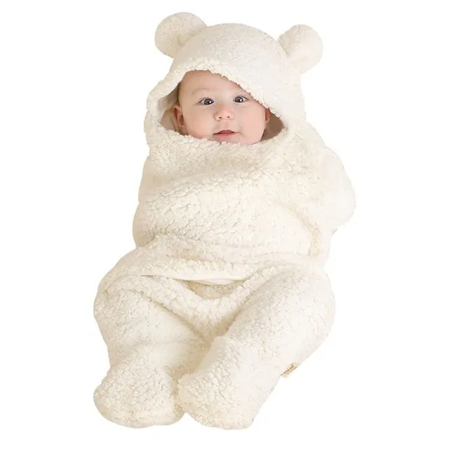Baby Soft Plush Warm Newborn Infant Bear Shaped Hooded Swaddle Blankie Wearable Swaddle Sleeping Bag for Infant Boys Girls