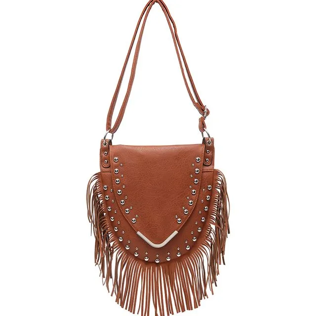 Hobo bag with Fringe detail, Boho Gypsy crossbody bag , Vintage look shoulder Bag, Fashion Tassel bag, studded bag --Z-9313-1m brown