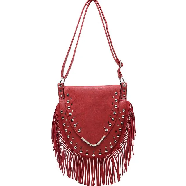 Hobo bag with Fringe detail, Boho Gypsy crossbody bag , Vintage look shoulder Bag, Fashion Tassel bag, studded bag --Z-9313-1m red