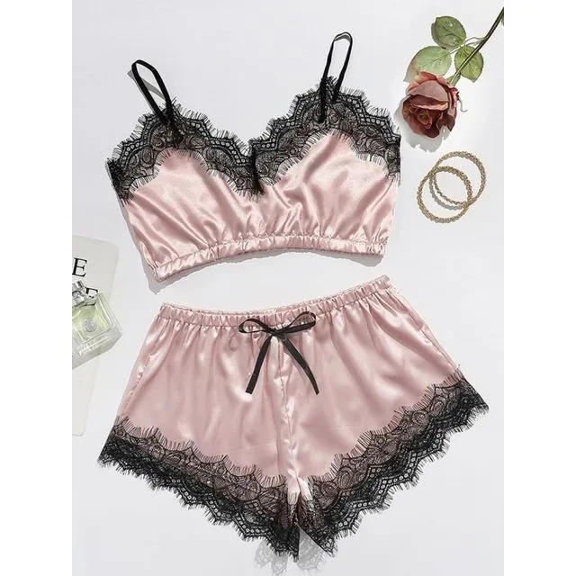 Sexy Lace Panel Camisole Loose Shorts Set-Pink