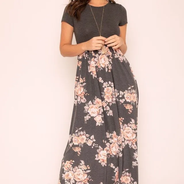 PLUS Charcoal Floral Short Sleeve Maxi Dress With Pocket