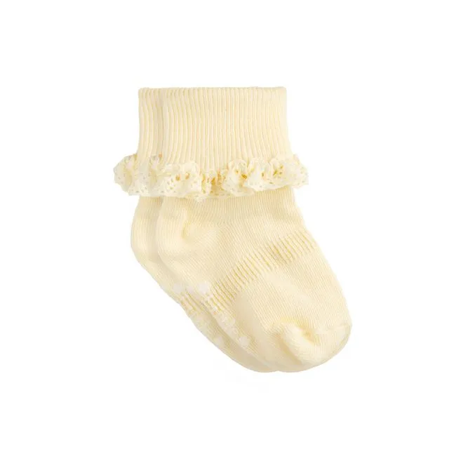 Frilly Non-Slip Stay-On Baby and Toddler Socks - Lemon Drop 0-6 months