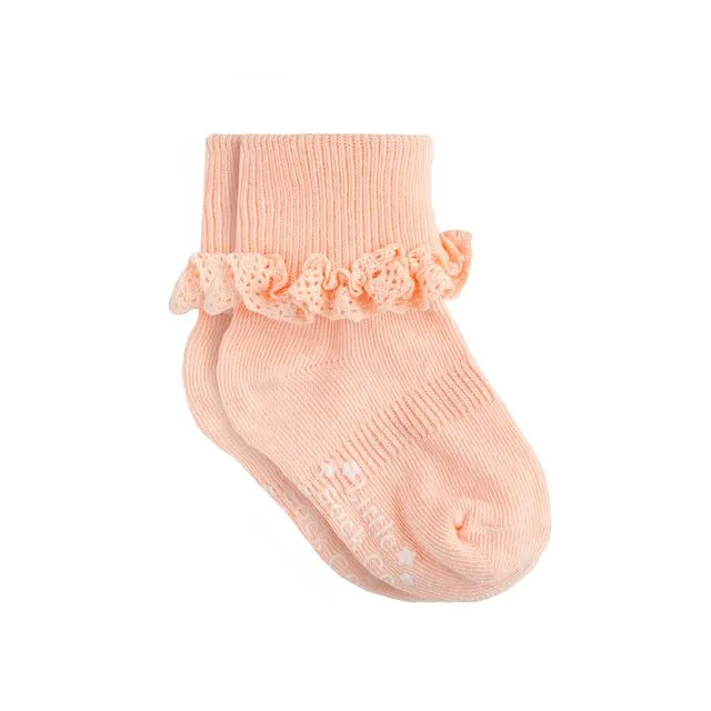 Frilly Non-Slip Stay-On Baby and Toddler Socks - Peaches 'n' Cream 0-6 months