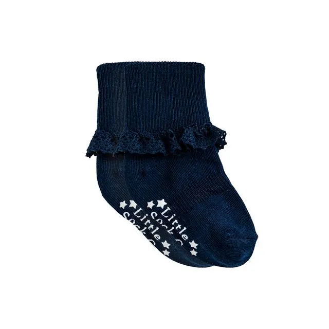 Frilly Non-Slip Stay-On Baby and Toddler Socks - Plain Navy 2-3 years