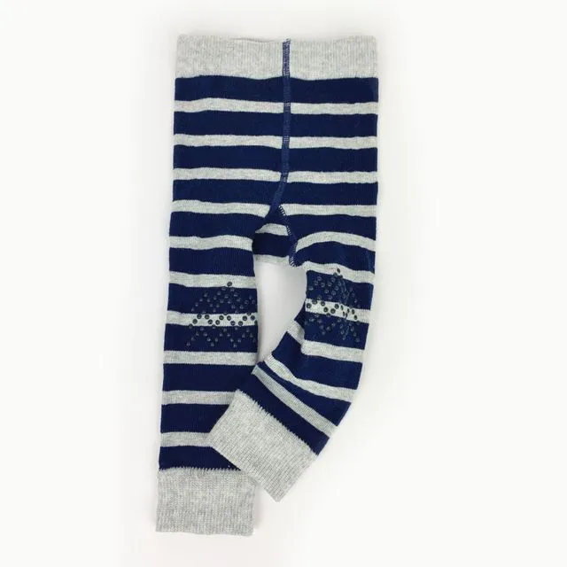 Crawling Baby Leggings with non-Slip Silicone Knees - Navy and Grey Wide Stripe 1-2 years