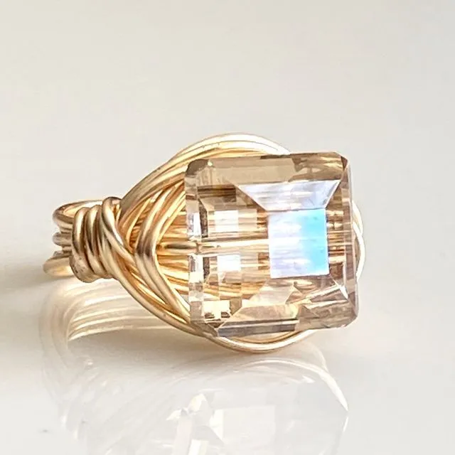 Crystal Gold Ring Champagne Square Wire Wrapped Statement Ring