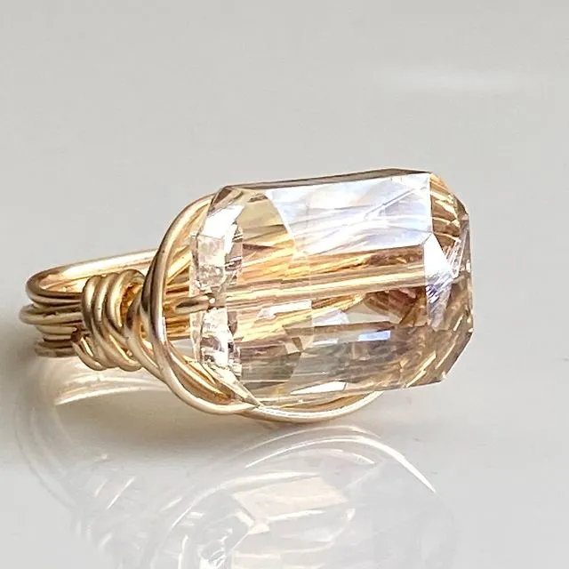 Crystal Gold Ring Champagne Rectangle Wire Wrapped Statement Ring