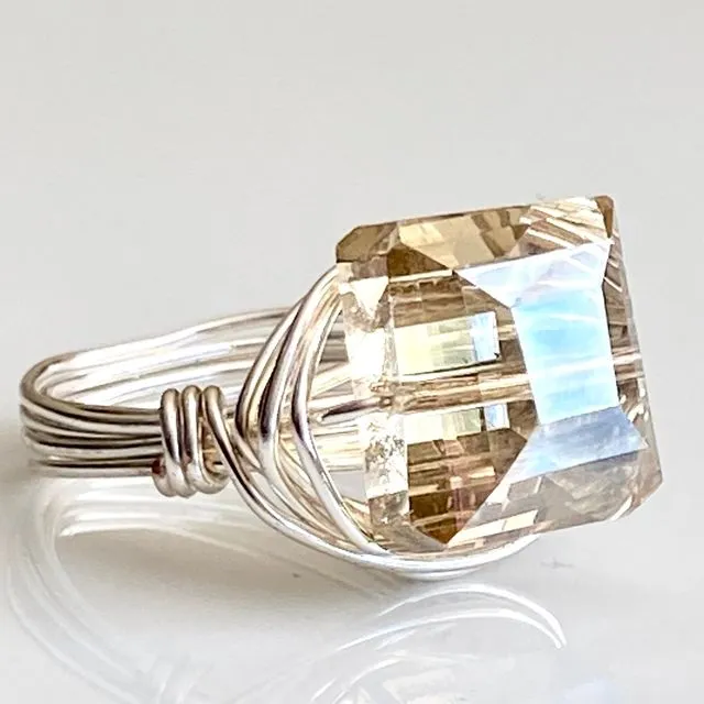 Crystal Ring Silver Wire Wrapped Square Statement Ring